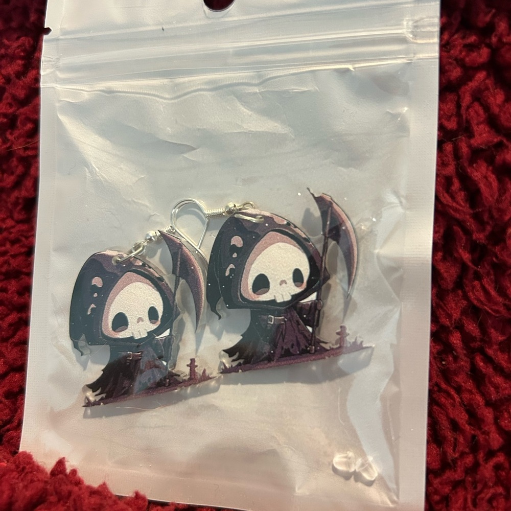 Cute Grim Reaper Acrylic Earrings — Black and Purple